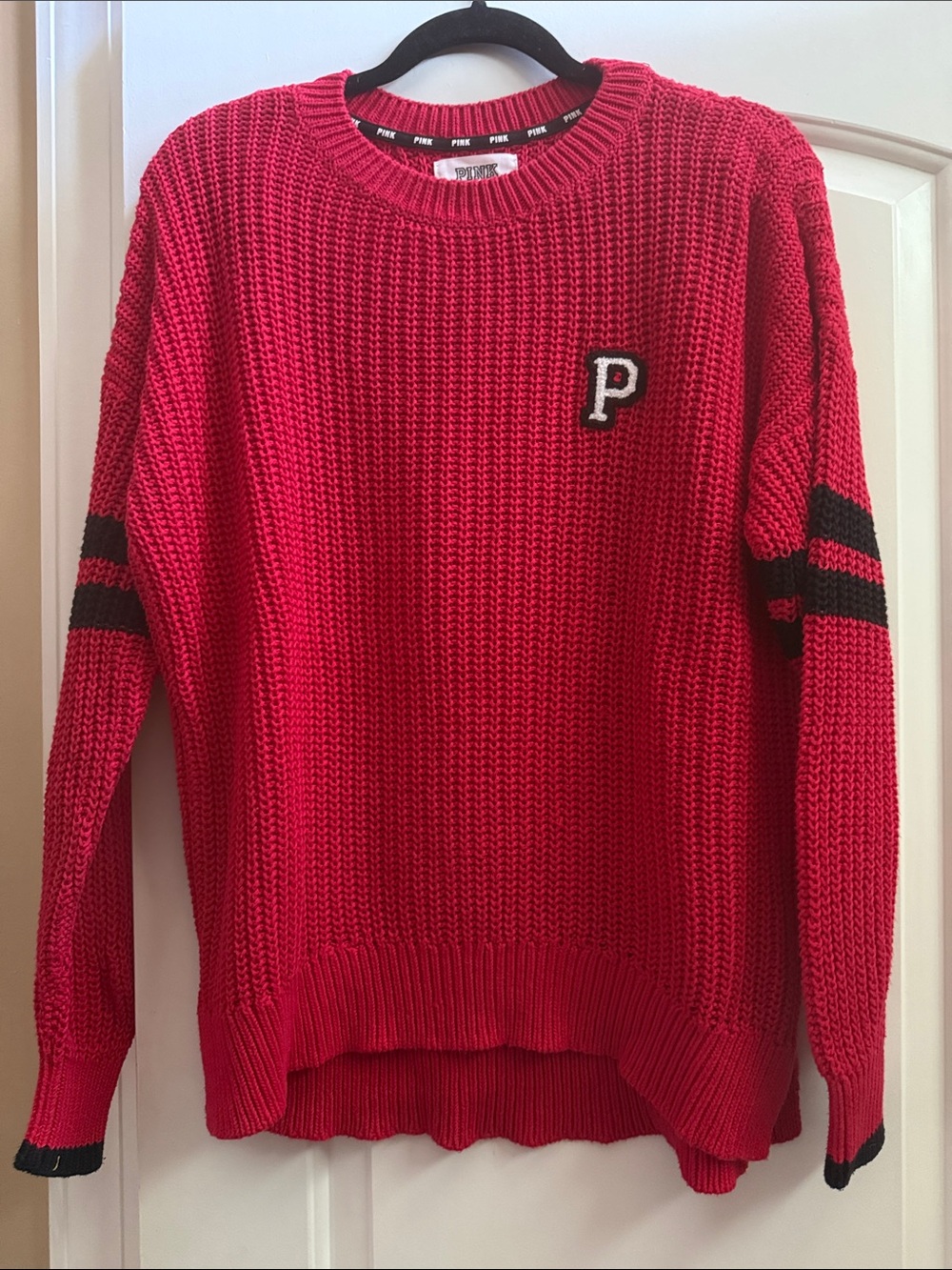 PINK Victoria's Secret Bright Red Crewneck Sweater with Black Stripe Accents